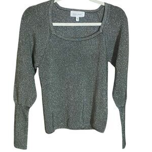 Dear John Metallic Ribbed Knit Sweater Top Women’s Small Silver Sparkle Pullover